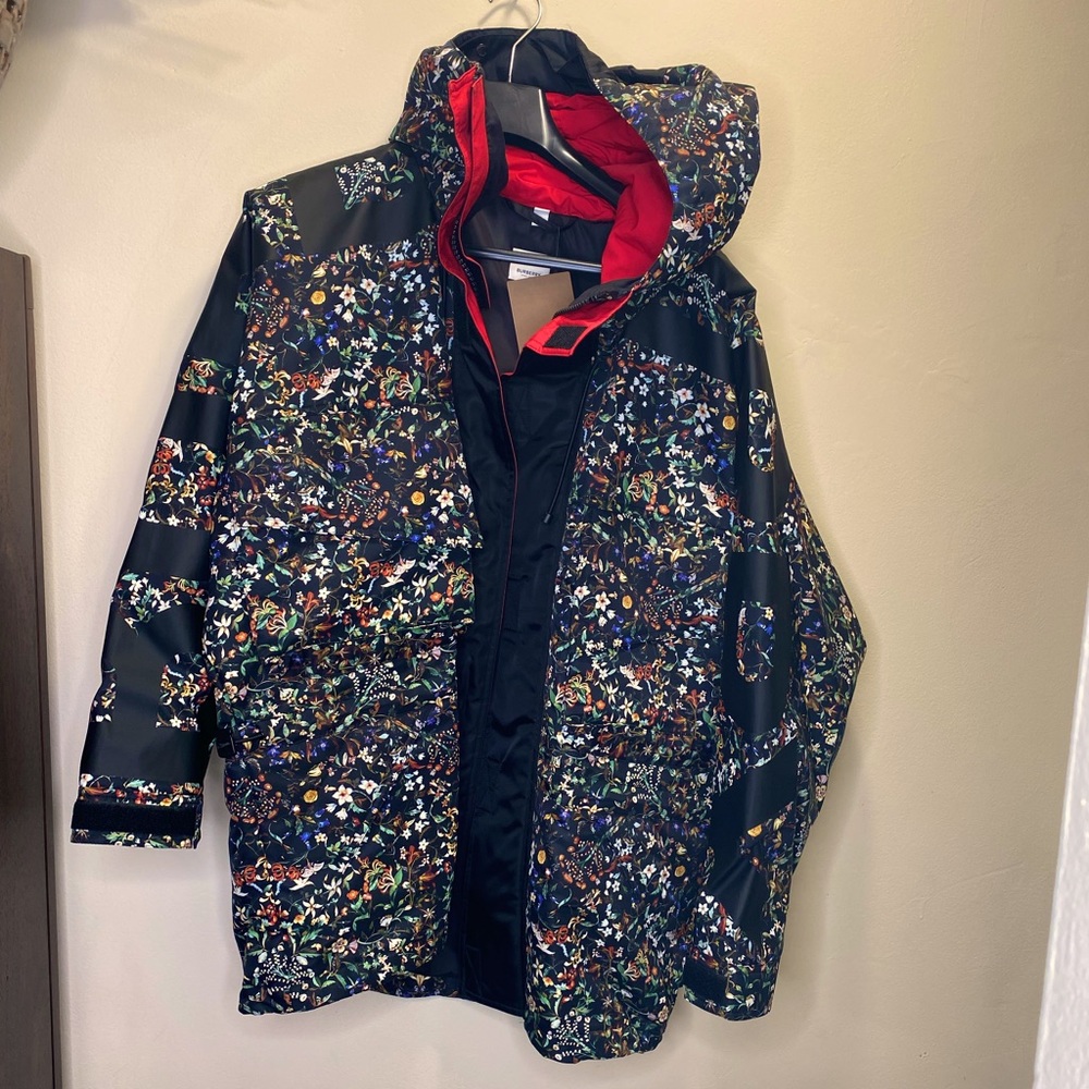 BURBERRY Black Floral-Print Nylon Twill Logo Detail Hooded Parka,SIZE S